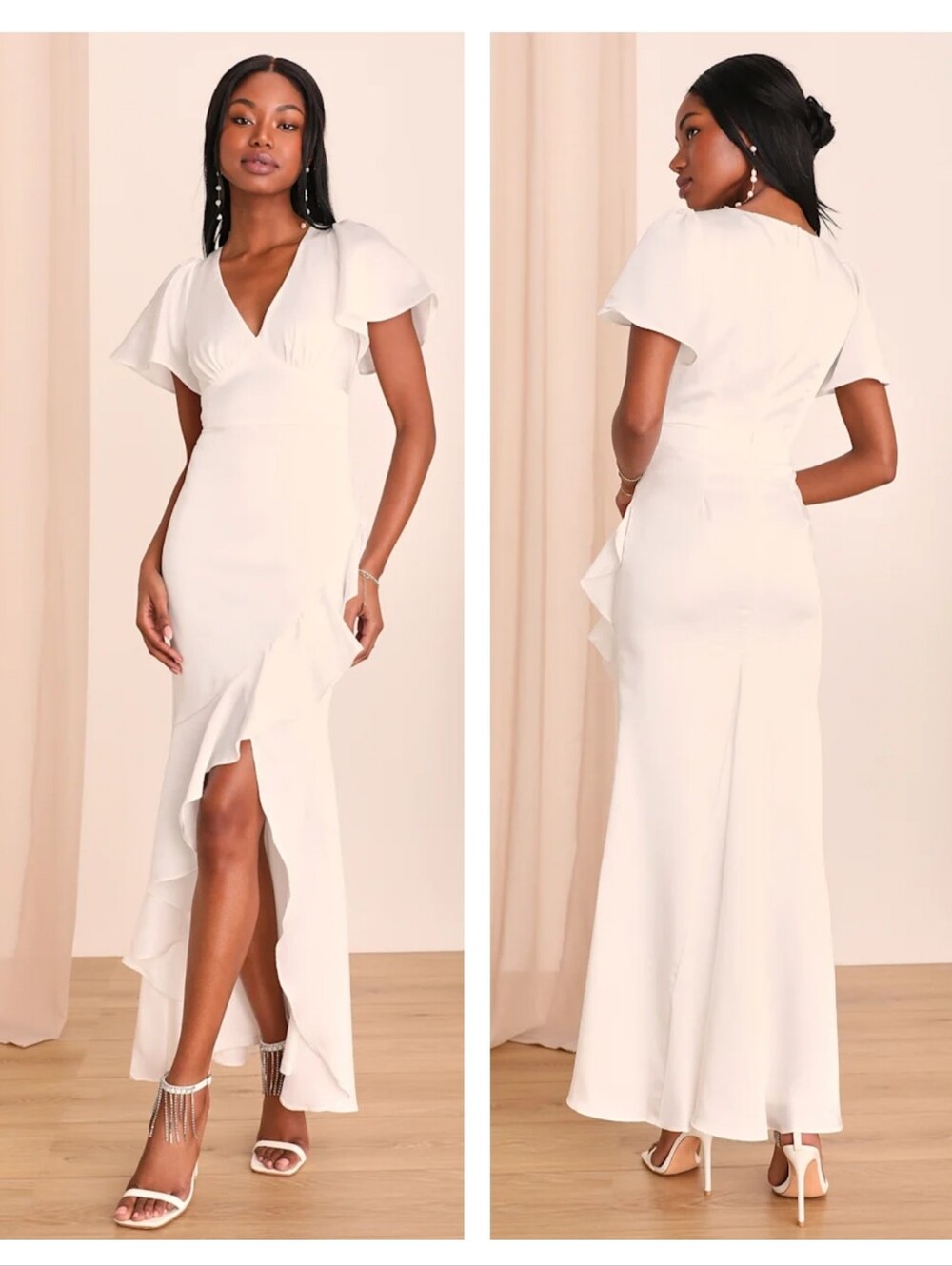 Lulus Eternal Bond White Satin Ruffled Flutter Sleeve Maxi Dress Wedding Medium